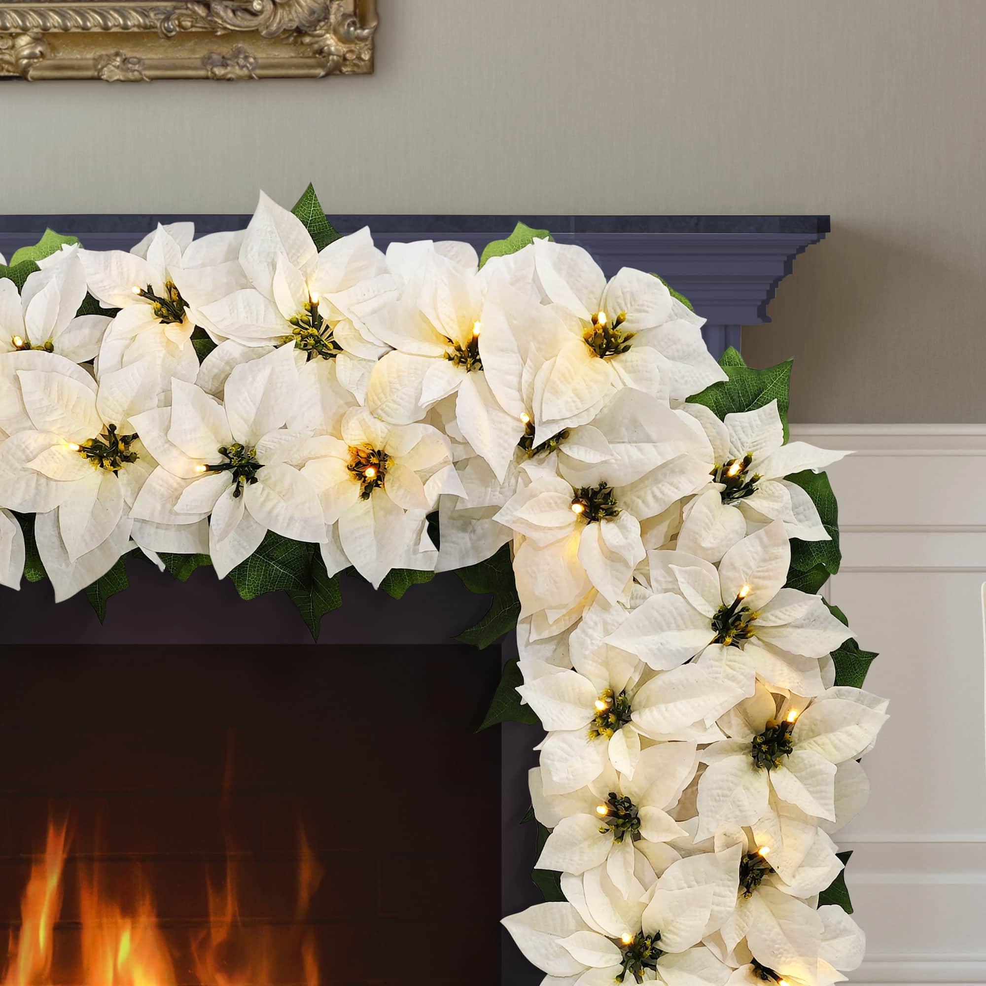 6ft. Pre-Lit White Poinsettia Artificial Garland